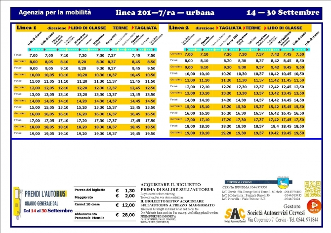 LINEA 201 DAL 14 SETTEMBRE AL 30 SETTEMBRE - SAC CERVIA