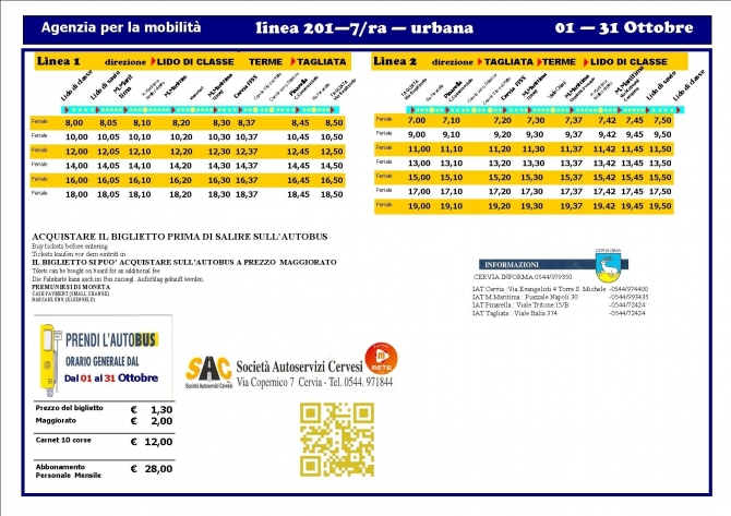 LINEA 201 DAL 01 OTTOBRE AL 31 OTTOBRE - SAC CERVIA