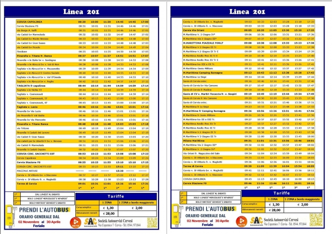 LINEA 201 DAL 02 NOVEMBRE AL 30 APRILE - SAC CERVIA